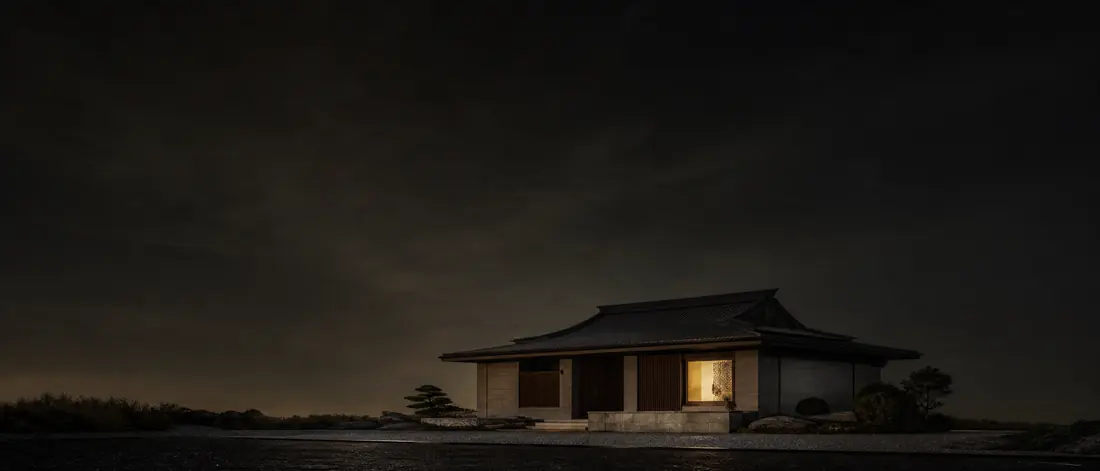 夜色中亮灯家宅剪影(效果示意)